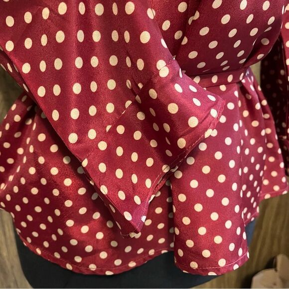 Skies Are Blue brick red and tan polka dot tie waist short length blouse size SP - Picture 14 of 14